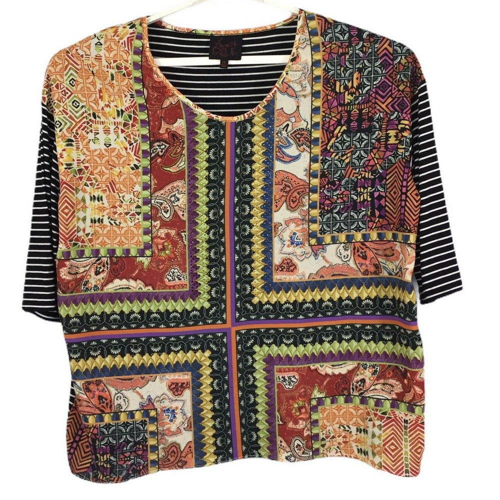 FRENCH BLUE WOMAN Paisley Patchwork Print Multicolor Rhinestones Top Size 1X
